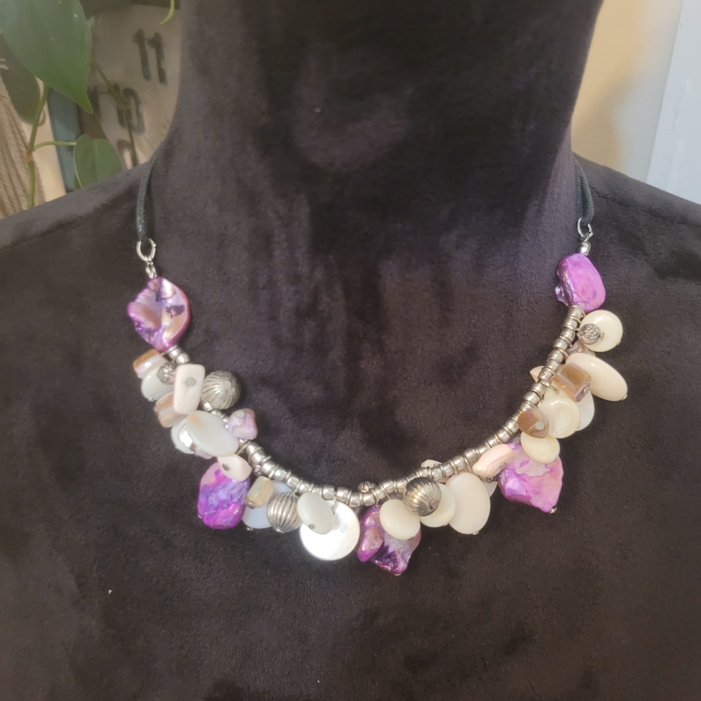 Vtg Y2k Purple+White Iridescent Wymsy Statement Necklace/J81